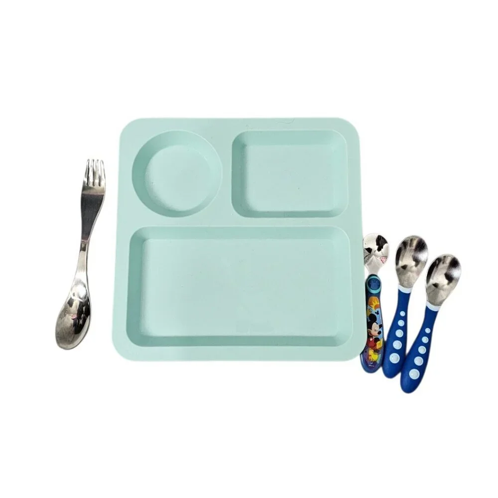 Pillowfort Divided Plate Dishwasher & Microwave Safe Kids Tray Spoons Fork Set